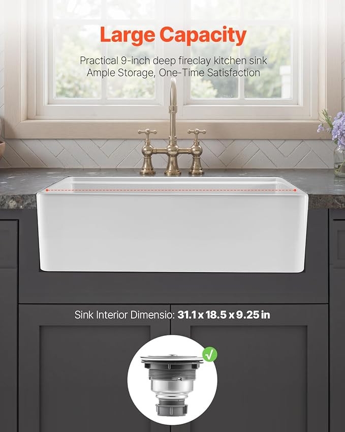 VEVOR 32x20 inch Farmhouse Sink, White Sink Workstation, Fireclay Undermount Basins, Apron Front Single Bowl Basin with Multiple Accessories, Large Capacity Household Dishwasher Sinks for Kitchen