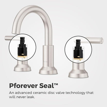 Pfister Capistrano Widespread Bathroom Sink Faucet 8 in 3 Hole 2 Handle Brushed Nickel Vanity Faucet with Push & Seal Drain NSF Certified TiteSeal Mount LF049CSOGS