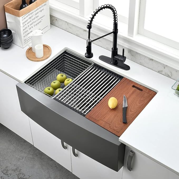 30 Inch Black Stainless Steel Farmhouse Sink Workstation-Bokaiya 30x20 Farmhouse Apron Front Kitchen Sink Black Stainless Steel 16 Guage Single Bowl Farmer Sinks with Cutting Board