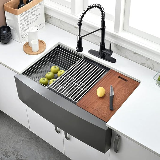 30 Inch Black Stainless Steel Farmhouse Sink Workstation-Bokaiya 30x20 Farmhouse Apron Front Kitchen Sink Black Stainless Steel 16 Guage Single Bowl Farmer Sinks with Cutting Board