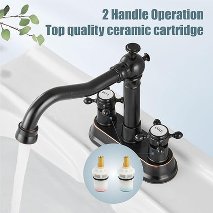 Aolemi 4 Inch Centerset Bathroom Sink Faucet Vintage 2 Cross Handle RV Mixer Tap Basin Vanity Lavatory Utility for Sink 3 Hole Include Hoses Pop Up Drain Faucet Handle with Label Oil Rubbed Bronze