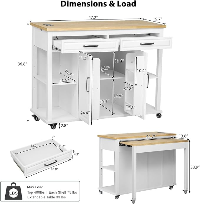 Versatile Kitchen Island Cart with Extendable Dining Table, Ample Storage, Built-in Power Outlet, and Adjustable Shelves - White and Natural Wood