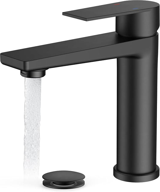 FORIOUS Black Bathroom Faucet 1 Hole, Single Lever Bathroom Sink Faucet Single Hole with Pop-up Drain and Supply Line, Rv Vanity Tap 1 or 3 Hole with Deck Plate for Lavatory Sink Remodel