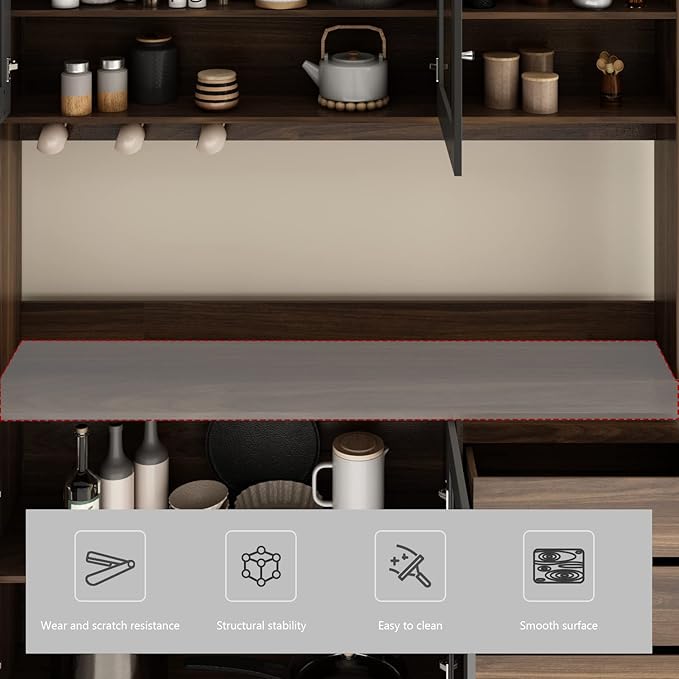 AGOTENI Large Kitchen Hutch Cabinet, Storage Cupboard Pantry with 4 Glass Doors, 4 Drawers & Microwave Shelf, for Kitchen Open Storage, Rustic Brown (63" W x 15.7" D x 74.8" H)