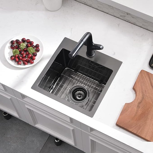 15 Inch Black Bar Sink Drop In,15x15 Drop In Bar Sink Stainless Steel Top Mount Rv Outdoor Sink 16 Gauge Deep Single Bowl Small Kitchen Sink with Dish Grid& Strainer