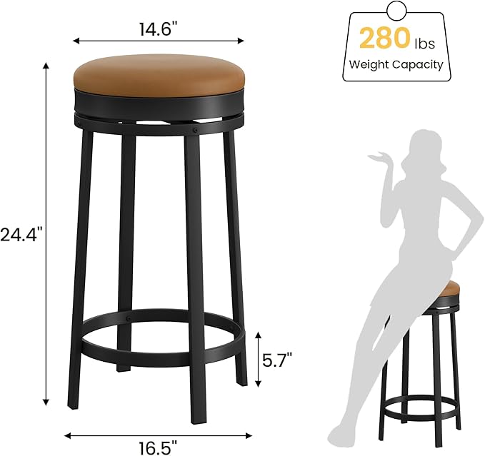 GAOMON 24 inch Swivel Bar Stools Set of 4, Counter Height Barstool with Footrest and PU Leather Upholstery, Metal Frame, Kitchen Barstools for Kitchen Island, Home Bar, Brown