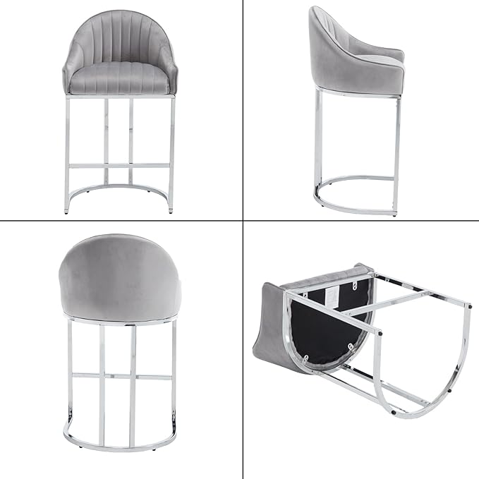 Bar Stools Set of 2, Simple Modern Style, with Velvet upholstered Back Sliver Metal Legs Footrest for Bar, Living Room, Side Chair of Kitchen Island (Grey)