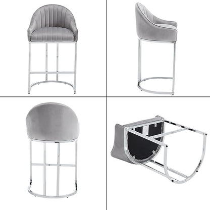 Bar Stools Set of 2, Simple Modern Style, with Velvet upholstered Back Sliver Metal Legs Footrest for Bar, Living Room, Side Chair of Kitchen Island (Grey)