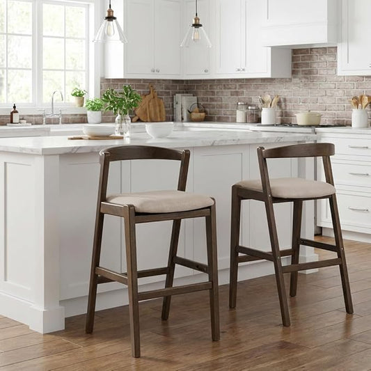 Set of 2 Bar Stools, Solid Rubber Wood Frame with Beige Polyester Cushion, Ergonomic Backrest & Smooth Lines, Modern Kitchen Island Chairs for Dining Room (Dark Brown)