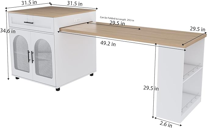 80-inch Expandable Kitchen Island with Dining Table, Power Outlet, Solid Wood Grain Countertop, Mobile Storage Cart with Cabinet & 2 Drawers, White Prep Table