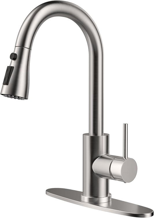 HANGE Kitchen Faucet with Pull Down Sprayer,Brushed Nickel Kitchen Sink Faucet 1-3 Hole Single Handle High Arc Stainless Steel Commercial Modern Kitchen Faucets for RV,Laundry,Bar,Utility,Farmhouse