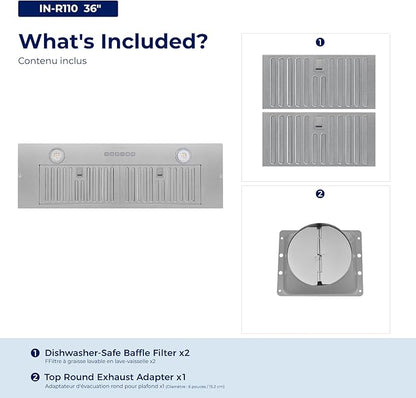 Hauslane Range Hood Insert 36 Inch, Hood Vent for Kitchen| HauSMART™ App & Voice Control |4-Speed Fan, LED GU10 Lights | Dishwasher-Safe Baffle Filters, Stainless Steel Ducted|Ductless Range Hood