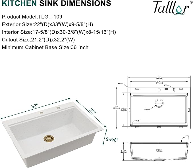 33 Inch Granite Composite Kitchen Sink - White Drop In Workstation All-In One Classic Quartz Single Bowl Kitchen Sink Basin, 2-Holes, 33x22, Top-Mount #TLGT-113