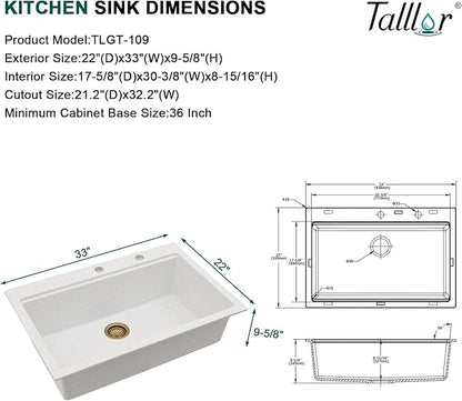 33 Inch Granite Composite Kitchen Sink - White Drop In Workstation All-In One Classic Quartz Single Bowl Kitchen Sink Basin, 2-Holes, 33x22, Top-Mount #TLGT-113