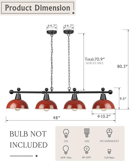 FEMILA 48" Billiard Light, Red Pool Table Light for 7ft/8ft Table, 4-Light Kitchen Island Lights with Hammered Metal Shades,Modern Chandelier for Game Room, Dining, Bar, 4FG60-4LP RED