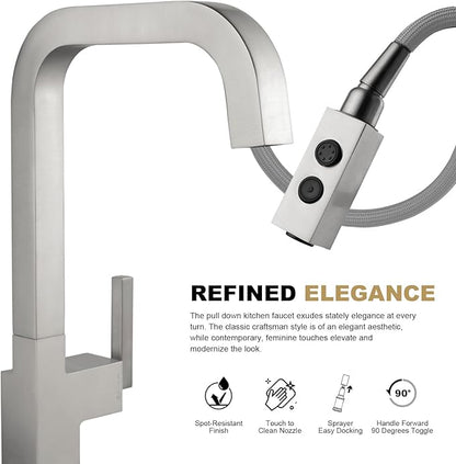 Brushed Nickel Kitchen Faucet with Pull Down Sprayer, Lava Odoro Single Handle Kitchen Sink Faucet, Faucet for Kitchen Sink with Magnetic Docking Spray Head and Deck Plate, KF182-BN