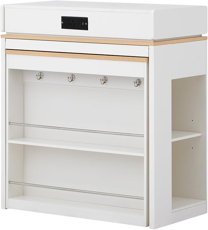 Dancongtea Extendable Dining Table with Folding Tabletop, Kitchen Island with Drawers and Power Outlet, Rolling Sideboard with Wheels and Hooks for Kitchen and Dining Room, Creamy White+Natural