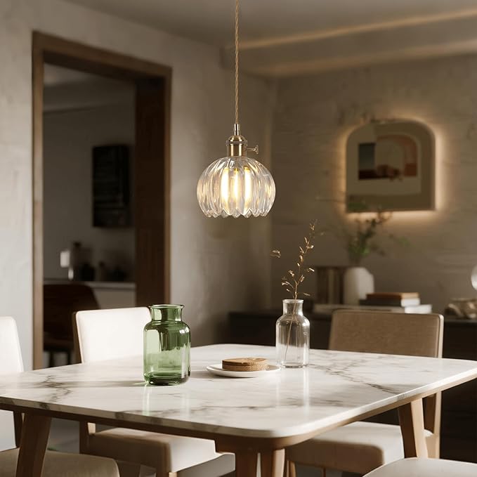 Mini Flower Hanging Lamp Plug in Pendant Light Fixtures, 15Ft Clear Glass Pendant Lights Kitchen Island Dining Room Bedroom Living Room, LED Bulb Included
