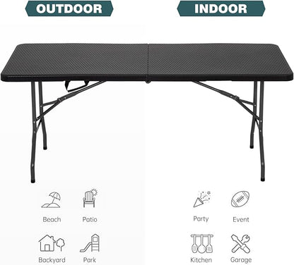 FDW 6 Foot Outdoor Dining Table, Foldable Portable Rectangular Plastic Folding Table with Built in Carrying Handle for Party and Wedding Use, Black Ratten