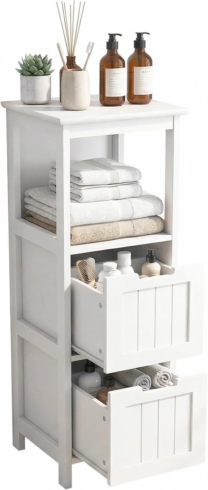Casaphoria 2-Drawer Bathroom Floor Cabinet, Wooden Storage Organizer with Side Rack, Freestanding Stand Table for Bathroom, Hallway, White