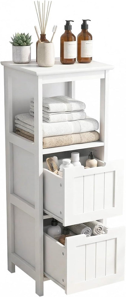 Casaphoria 2-Drawer Bathroom Floor Cabinet, Wooden Storage Organizer with Side Rack, Freestanding Stand Table for Bathroom, Hallway, White
