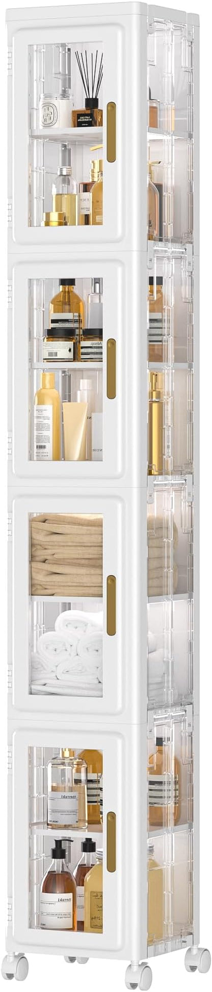 VECELO 4 Tier Tall Plastic Slim Storage Cabinet with Lockable Wheels, Adjustable Shelves, Anti-Tip for Bathroom, Living Room, Laundry Room, Kitchen, Narrow/Small Space, Easy Assembly, Clear
