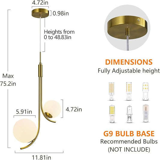 Modern Pendant Light Fixture Gold Globe Pendant Lights Kitchen Island White Frosted Milk Glass Sputnik Chandelier Vintage for Kitchen, Office, Entryway (2-Light)