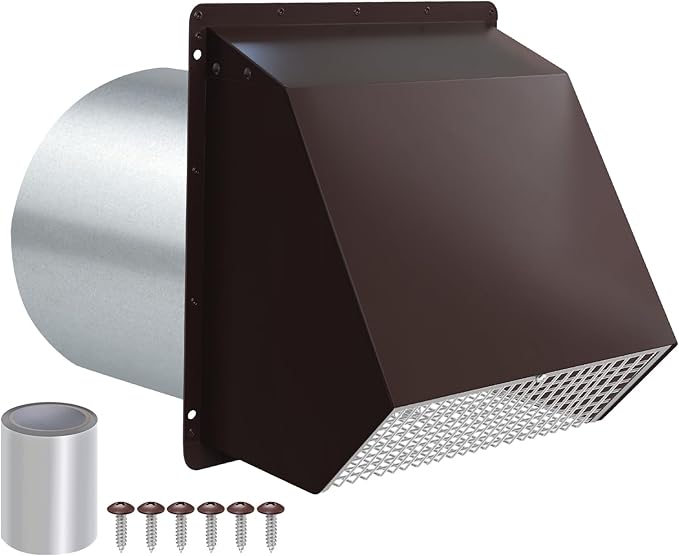 8 Inch Hooded Wall Vent with Screen and Damper,Outdoor Wall Exhaust Vent Cover Wall Cap for Exterior Kitchen Range Hood Ventilation Dryer HVAC Duct Air Exhaust, Galvanized Steel, Brown