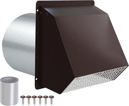 8 Inch Hooded Wall Vent with Screen and Damper,Outdoor Wall Exhaust Vent Cover Wall Cap for Exterior Kitchen Range Hood Ventilation Dryer HVAC Duct Air Exhaust, Galvanized Steel, Brown