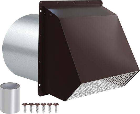8 Inch Hooded Wall Vent with Screen and Damper,Outdoor Wall Exhaust Vent Cover Wall Cap for Exterior Kitchen Range Hood Ventilation Dryer HVAC Duct Air Exhaust, Galvanized Steel, Brown