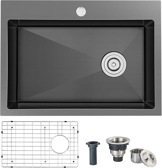24x18x9 Inch Drop in Kitchen Sink, Handmade 304 Black Stainless Steel Single Bowl, Centre-Offset Drain, R10 Tight Corner, Topmount Kitchen Sink with Strainer & Bottom Grid