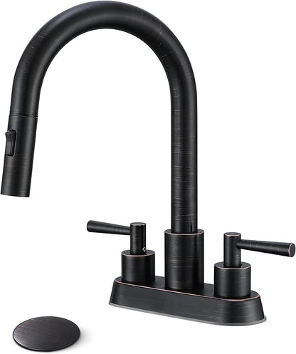 Bathroom Faucet with Pull Out Sprayer, Oil Rubbed Bronze Bathroom Faucet 3 Holes, 2 Handle Bathroom Sink Faucet with 360 Degree Swivel Spout, Pop Up Drain Assembly Included