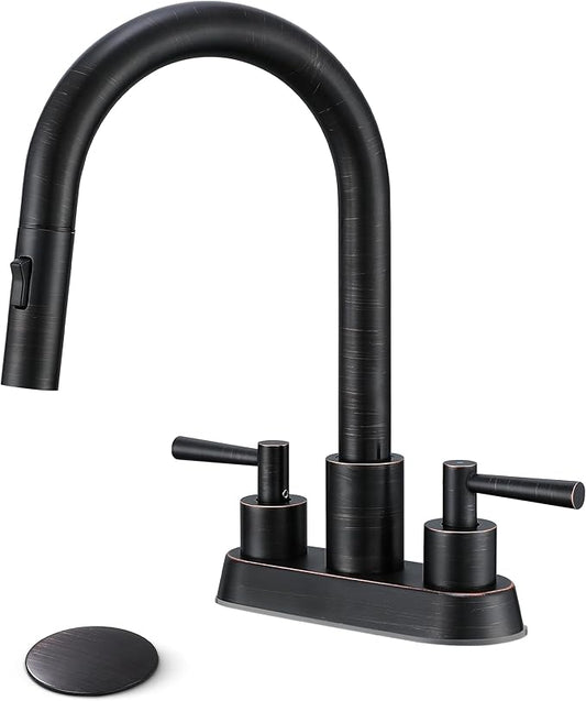 Bathroom Faucet with Pull Out Sprayer, Oil Rubbed Bronze Bathroom Faucet 3 Holes, 2 Handle Bathroom Sink Faucet with 360 Degree Swivel Spout, Pop Up Drain Assembly Included