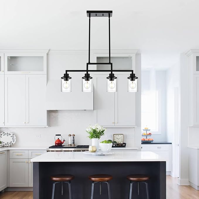 Yaohong Kitchen Island Lighting, 4-Light Farmhouse Dining Room Light Fisture Linear Chandelier Pendant Lighting with Clear Glas Shade, Matte Black Ceiling Pendant Light Fixtures for Dining Table