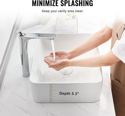 VEVOR Rectangle Vessel Sink, 19" x 14.7" Countertop, White Ceramic Above Counter, Modern Style, Bright and Elegant, Well-Packaged for Bathroom, Hotel, Toilet, RV