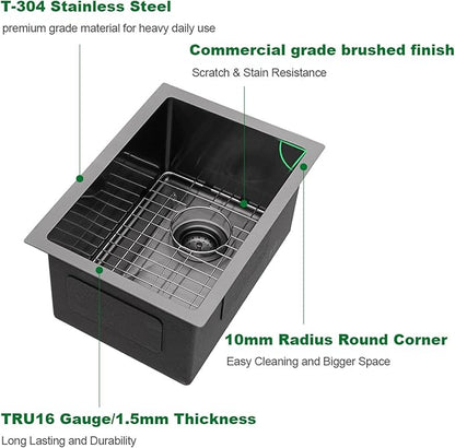 Sarlai 10 Black Bar Sink Undermount - 10x18 Inch Gunmetal Black Stainless 16 Guage Kitchen Bar Prep RV Sinks Deep Single Bowl One Basin
