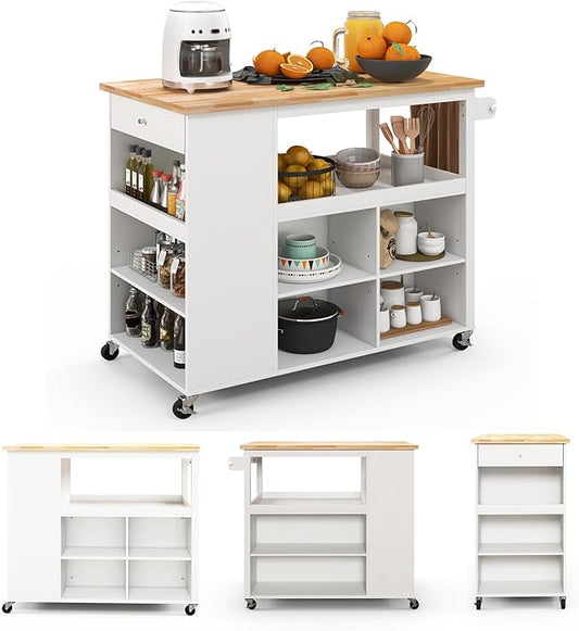 Giantex Kitchen Island Cart on Wheels, Rolling Island Table with Rubber Wood Top, Drawer, 3 Tier Spice Rack, 8 Storage Shelf & Cube, Serving Cart for Dining Room Bar, 46"x23.5"x39" White