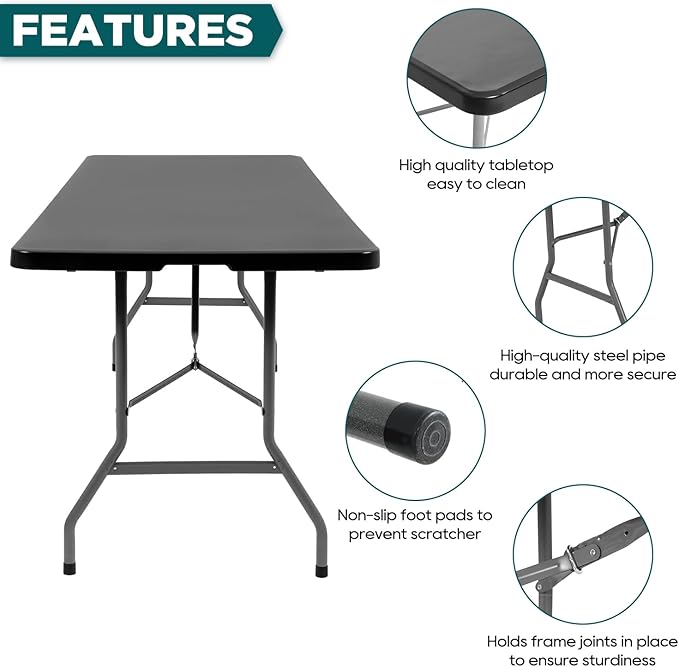 FDW 8 Foot Outdoor Dining Table, Foldable Portable Rectangular Plastic Folding Table with Built in Carrying Handle for Party and Wedding Use, Black