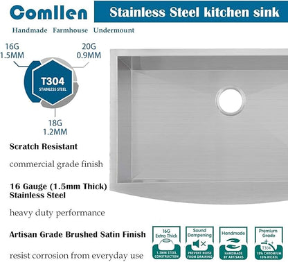 Comllen Commercial 30x20 Inch 304 Stainless Steel Farmhouse Sink, Single Bowl Kitchen Sinks 16 Gauge 9 Inch Deep Handmade Undermount Farm Apron Front Kitchen Sink