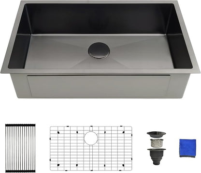 32 Inch Black Kitchen Sink Undermount - Delironexu Undermount Kitchen Sink Black, 16 Gauge Stainless Steel Sinks Single Bowl, 32''x19'' black Stainless Steel sink with 4 Accessories