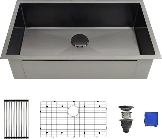 32 Inch Black Kitchen Sink Undermount - Delironexu Undermount Kitchen Sink Black, 16 Gauge Stainless Steel Sinks Single Bowl, 32''x19'' black Stainless Steel sink with 4 Accessories
