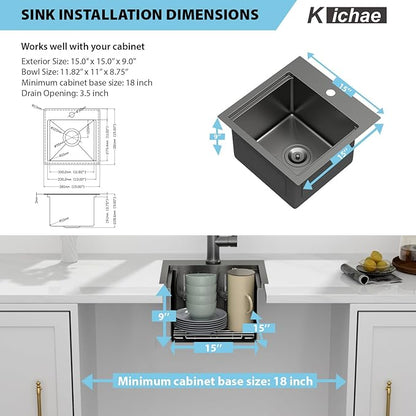 Kichae Black Drop In Bar Sink- 15x15 Small Overmount Topmount Stainless Steel Single Bowl Ledge Workstation Bar Prep Handmade Basin