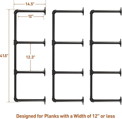 HITOMEN Industrial Iron Pipe Shelves, 3 Set 4-Tier 41.5" Tall 12" Depth, DIY Open Bookshelf Bookcase, Wall Mounted Vintage Retro Shelving, Rustic Farmhouse Pantry Kitchen Storage, Black Shelf Brackets