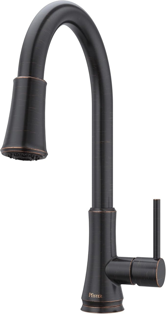 Pfister Pfirst Series Kitchen Sink Faucet with Pull-Down Sprayer Single Handle High Arc Tuscan Bronze Finish 1 or 3 Hole Installation CALGreen Water Efficient G529PF2Y