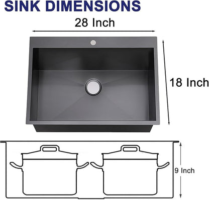 VAPSINT 28 Inch Black Drop In Kitchen Sink, 28x18 Inch Top Mount 16 Gauge Comemercial Stainless Steel Gunmetal Black Handmade Single Bowl Sink for Kitchen with Drain Strainer