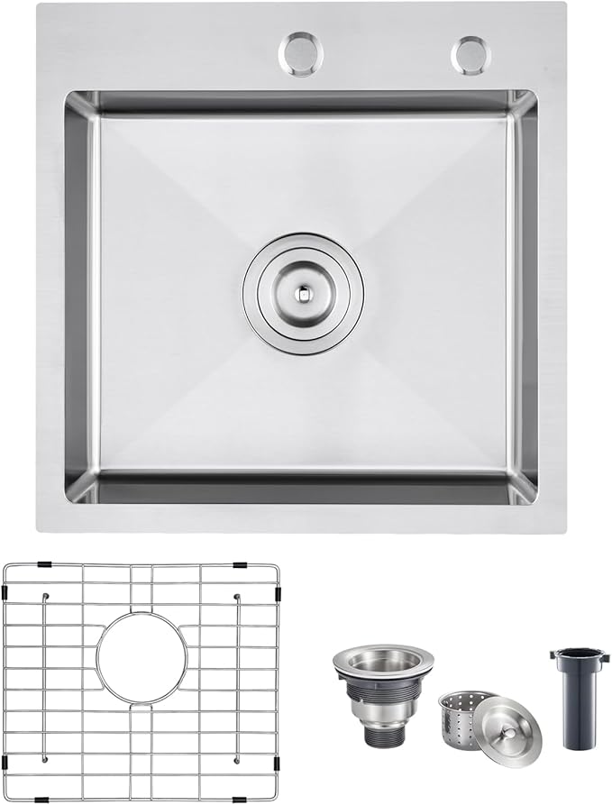 POPFLY 18 Inch Drop In Kitchen Sink, 304 Stainless Steel Top mount Handmade Single Bowl 2 Holes Kitchen Sink 9 Inches Deep Bar Prep Sink with Accessories, Brushed Nickel