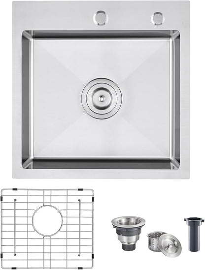 POPFLY 18 Inch Drop In Kitchen Sink, 304 Stainless Steel Top mount Handmade Single Bowl 2 Holes Kitchen Sink 9 Inches Deep Bar Prep Sink with Accessories, Brushed Nickel