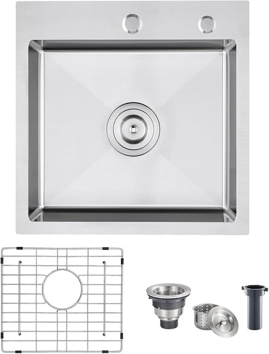 POPFLY 18 Inch Drop In Kitchen Sink, 304 Stainless Steel Top mount Handmade Single Bowl 2 Holes Kitchen Sink 9 Inches Deep Bar Prep Sink with Accessories, Brushed Nickel