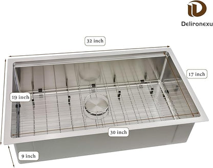 32x19 Undermount Kitchen Sink, Delironexu 32 Inch Kitchen Sink Workstation, 16 Gauge 304 Stainless Steel Undermount Kitchen Sink Single Bowl with Accessories