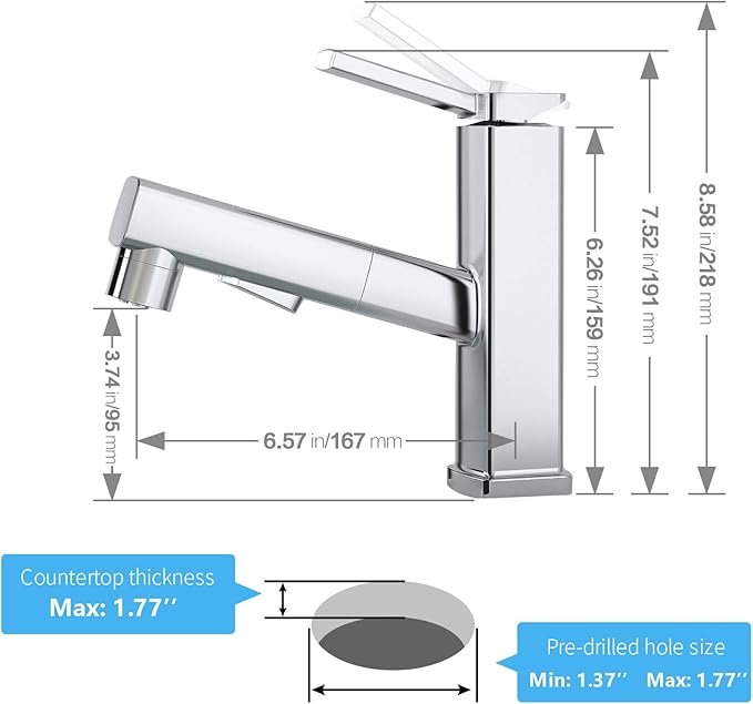 HANLIAN Single Hole Bathroom Pull Out Faucet with Rotating Spout, One Handle Faucet for Bathroom Sink, Modern Bathroom Faucet with Pull Down Sprayer, 3 Modes Lavatory Vanity Faucets (Chrome, Regular)